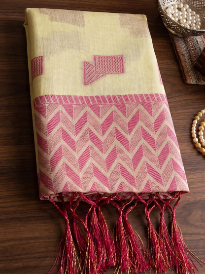 Yelow Linen Chevron Pallu Saree | EZB SI04 SUARZ1008