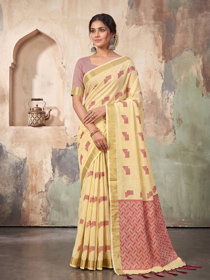 Yelow Linen Chevron Pallu Saree | EZB SI04 SUARZ1008