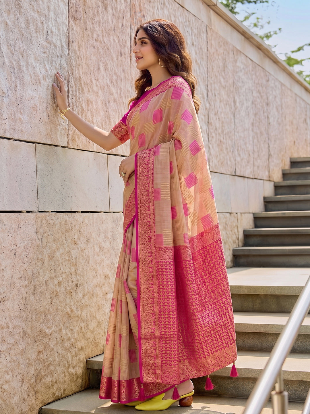 Beige & Pink Linen Cotton Banarasi Saree | EZB SI04 SUASO1001