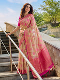 Beige & Pink Linen Cotton Banarasi Saree | EZB SI04 SUASO1001