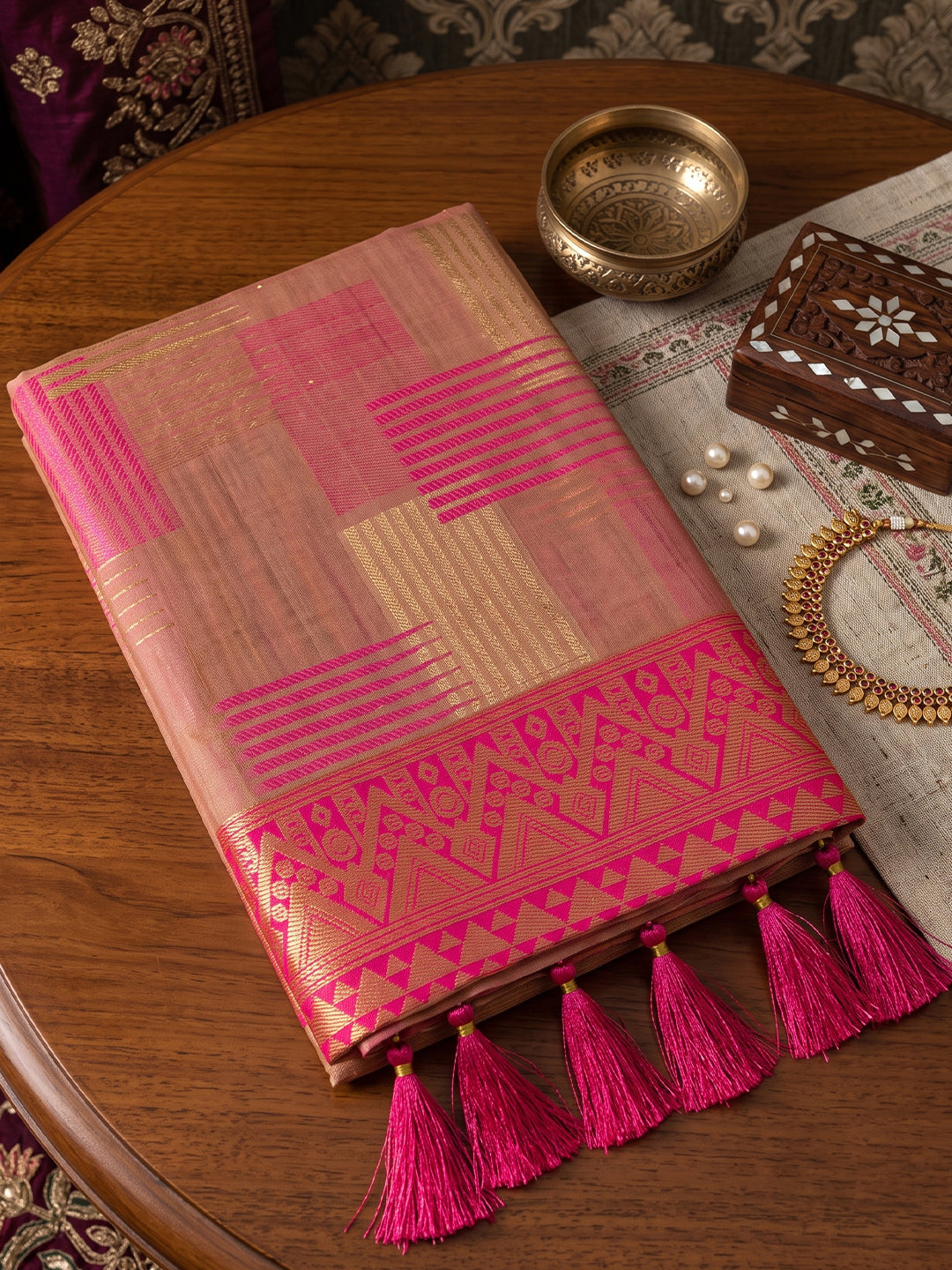 Beige & Pink Linen Cotton Banarasi Saree | EZB SI04 SUASO1001