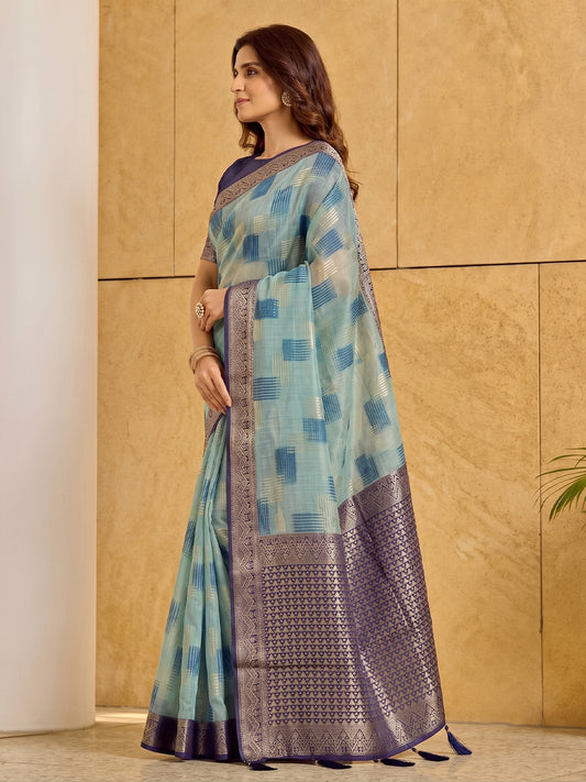 Sky Blue & Blue Linen Cotton Banarasi Saree | EZB SI04 SUASO1002