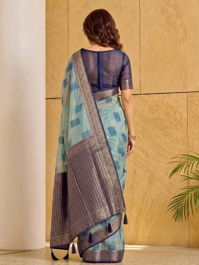 Sky Blue & Blue Linen Cotton Banarasi Saree | EZB SI04 SUASO1002
