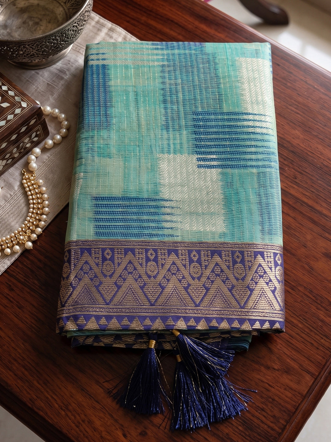 Sky Blue & Blue Linen Cotton Banarasi Saree | EZB SI04 SUASO1002
