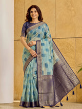 Sky Blue & Blue Linen Cotton Banarasi Saree | EZB SI04 SUASO1002