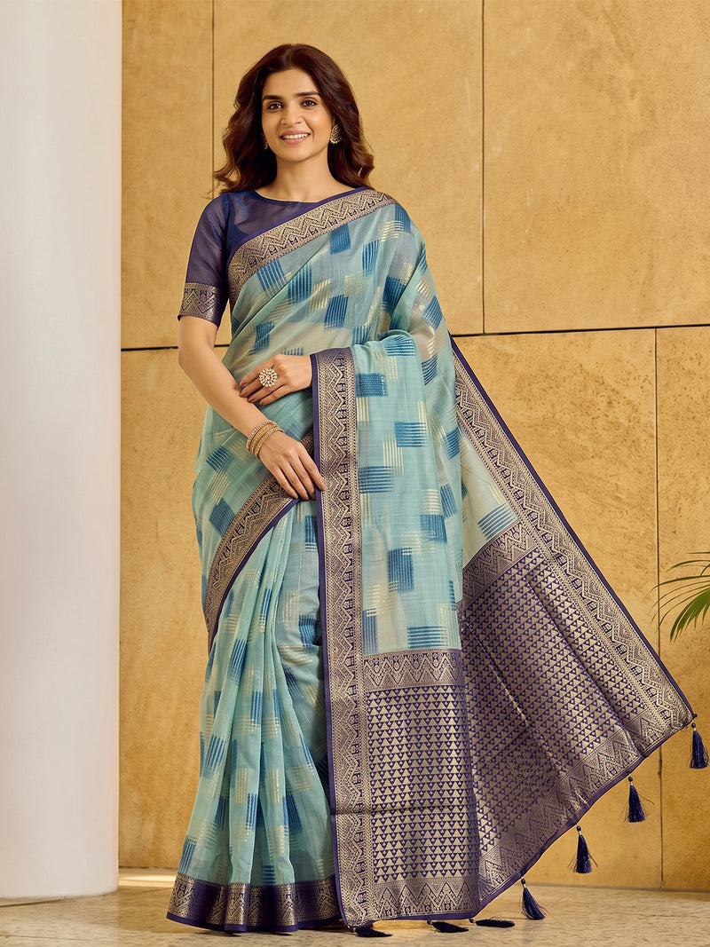 Sky Blue & Blue Linen Cotton Banarasi Saree | EZB SI04 SUASO1002