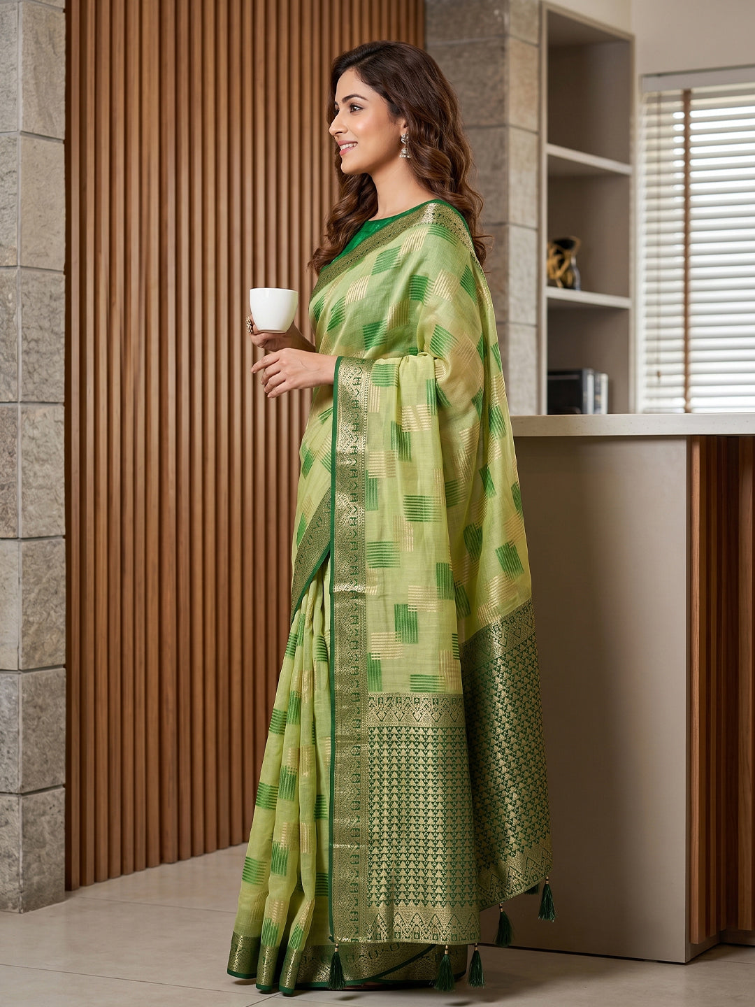 Light Green & Green Linen Cotton Banarasi Saree | EZB SI04 SUASO1003