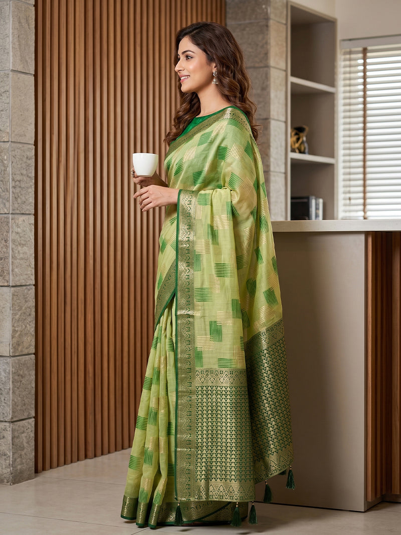 Light Green & Green Linen Cotton Banarasi Saree | EZB SI04 SUASO1003