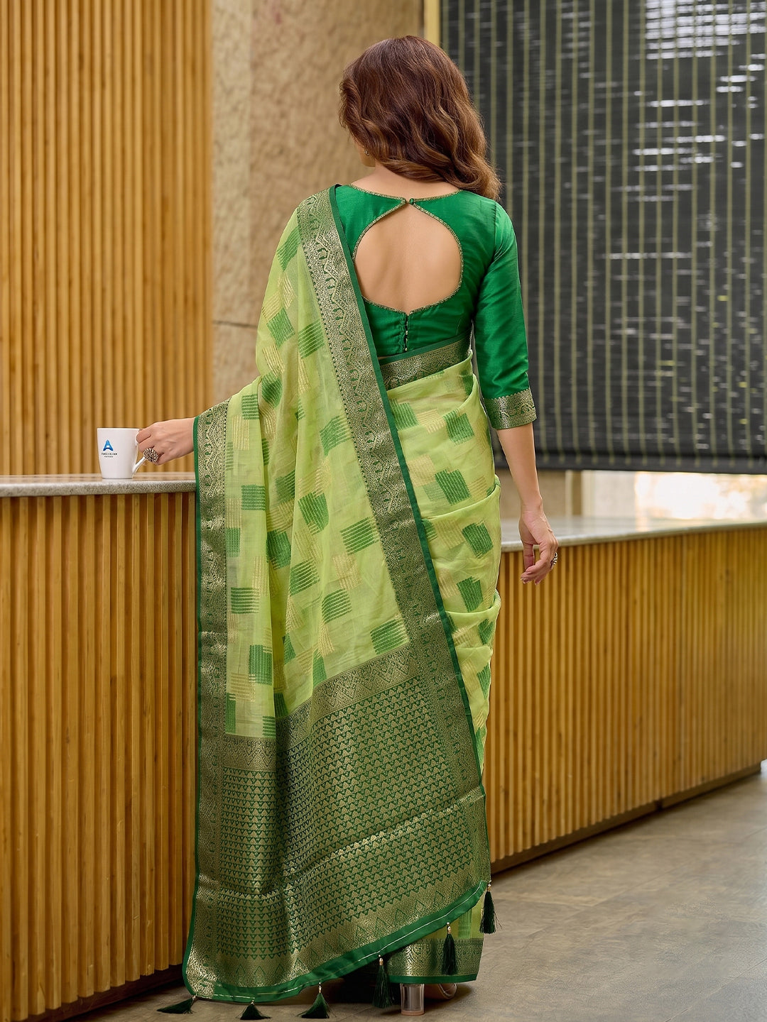 Light Green & Green Linen Cotton Banarasi Saree | EZB SI04 SUASO1003