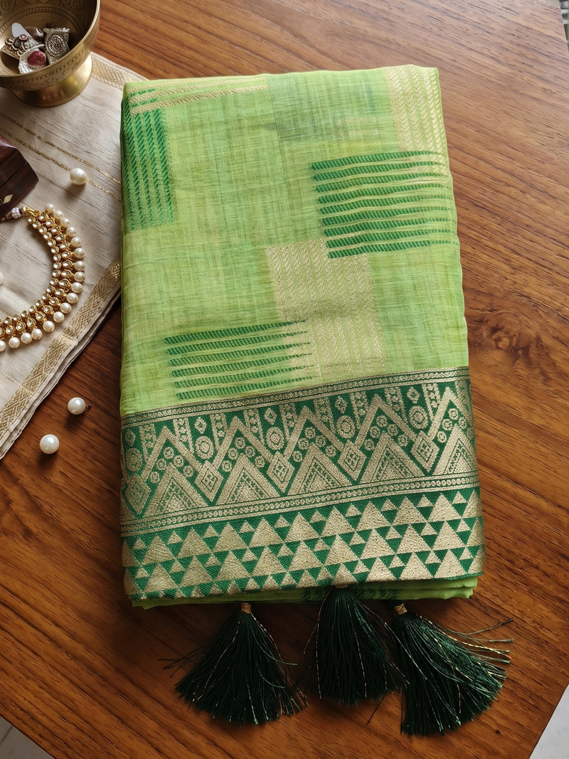 Light Green & Green Linen Cotton Banarasi Saree | EZB SI04 SUASO1003