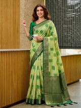 Light Green & Green Linen Cotton Banarasi Saree | EZB SI04 SUASO1003