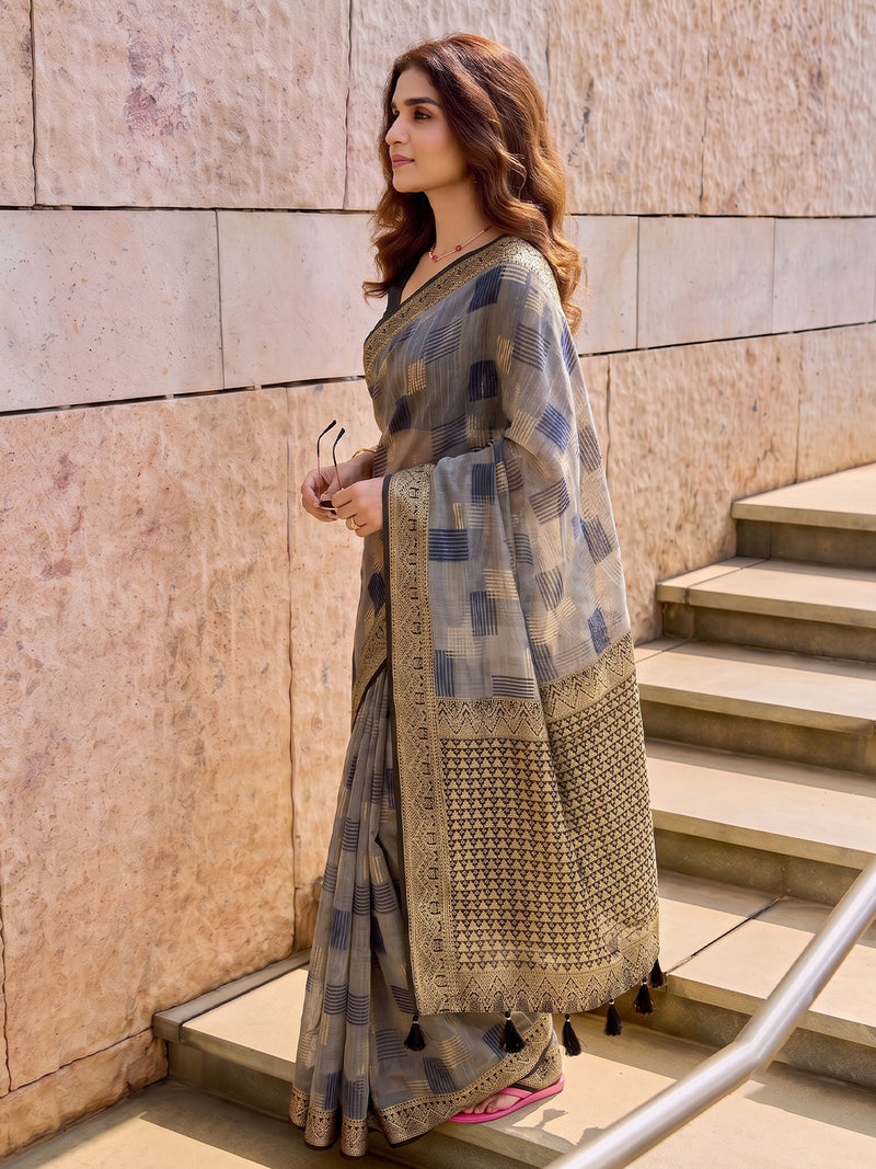 Grey & Black Linen Cotton Banarasi Saree | EZB SI04 SUASO1004