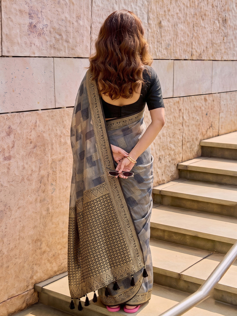 Grey & Black Linen Cotton Banarasi Saree | EZB SI04 SUASO1004