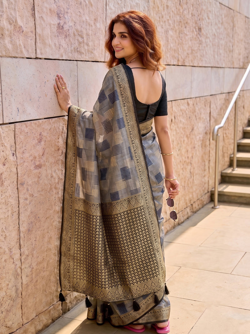 Grey & Black Linen Cotton Banarasi Saree | EZB SI04 SUASO1004