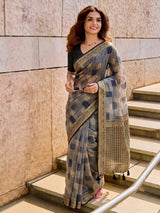 Grey & Black Linen Cotton Banarasi Saree | EZB SI04 SUASO1004