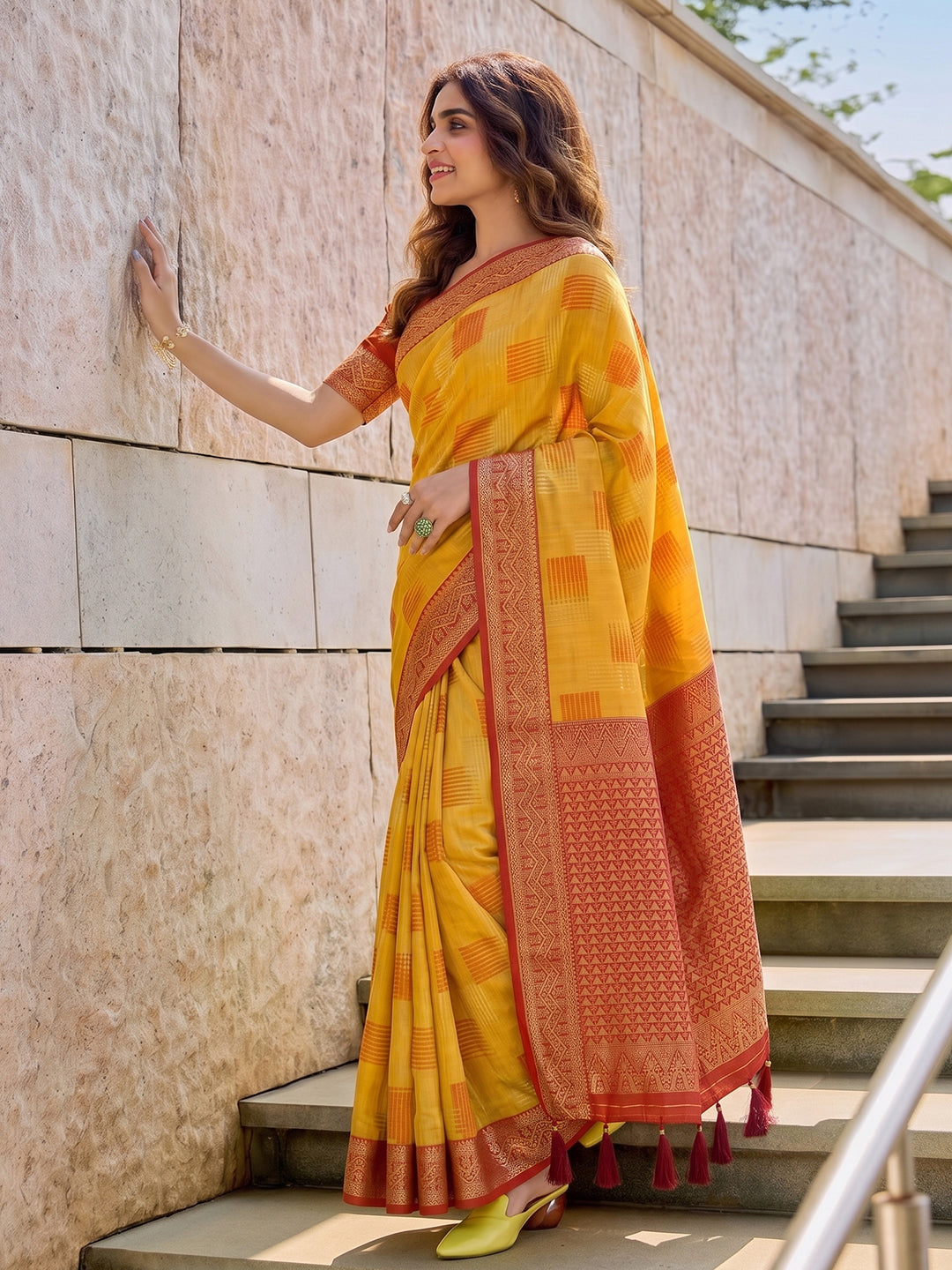 Yellow & Red Linen Cotton Banarasi Saree | EZB SI04 SUASO1005