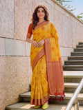 Yellow & Red Linen Cotton Banarasi Saree | EZB SI04 SUASO1005