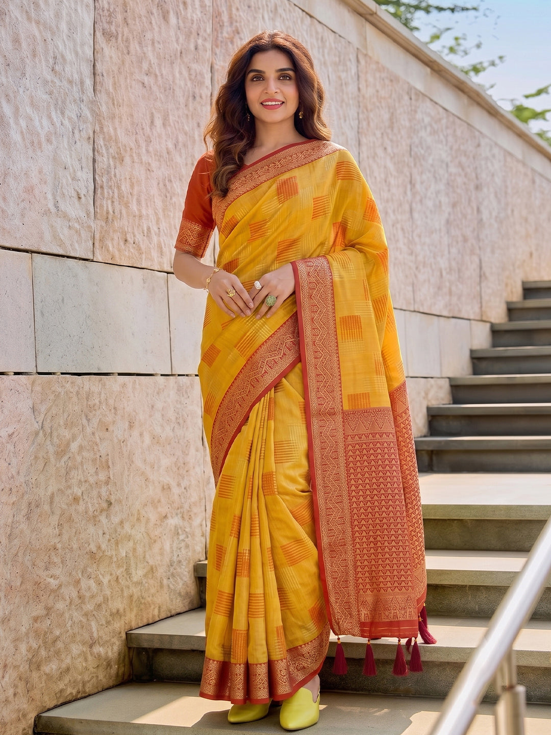 Yellow & Red Linen Cotton Banarasi Saree | EZB SI04 SUASO1005