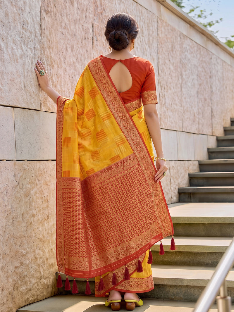 Yellow & Red Linen Cotton Banarasi Saree | EZB SI04 SUASO1005