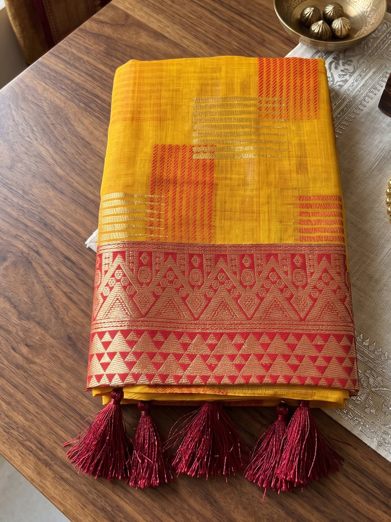 Yellow & Red Linen Cotton Banarasi Saree | EZB SI04 SUASO1005