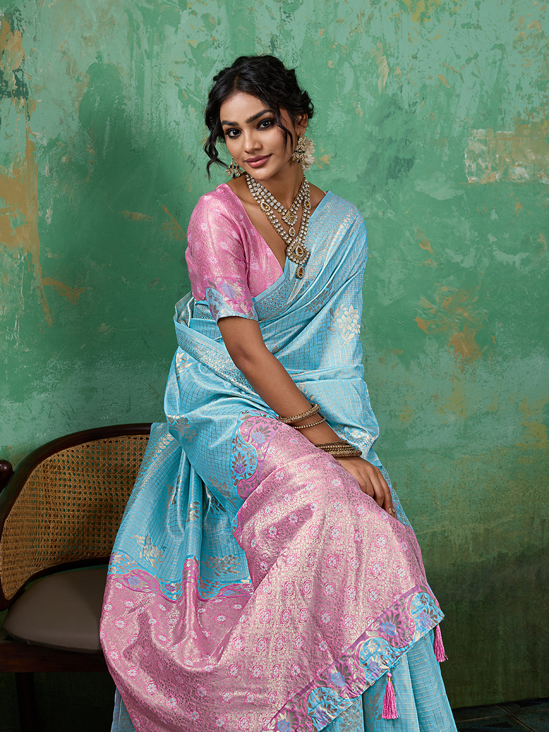 Sky Blue Linen Cotton Contrast Pallu Saree | EZB SI04 SUBLO1003