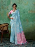 Sky Blue Linen Cotton Contrast Pallu Saree | EZB SI04 SUBLO1003