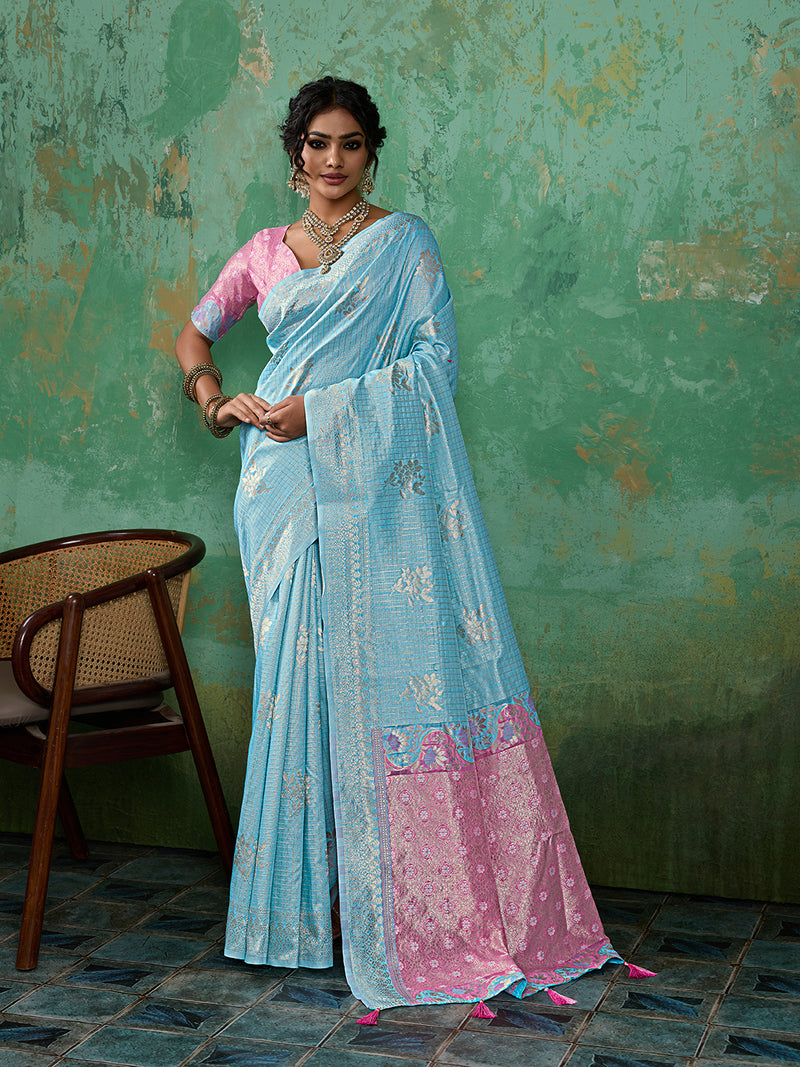 Sky Blue Linen Cotton Contrast Pallu Saree | EZB SI04 SUBLO1003