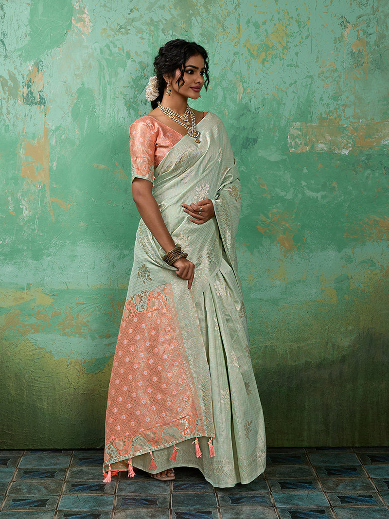 Teal Linen Cotton Contrast Pallu Saree | EZB SI04 SUBLO1004