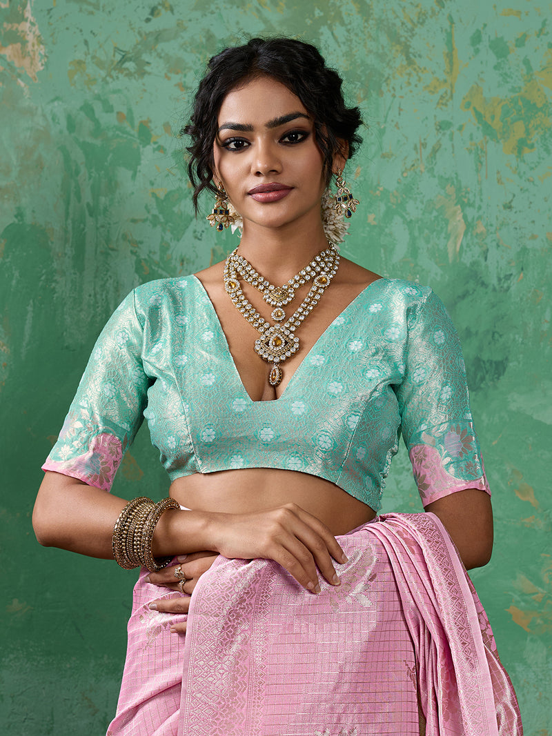Pink Linen Cotton Contrast Pallu Saree | EZB SI04 SUBLO1005