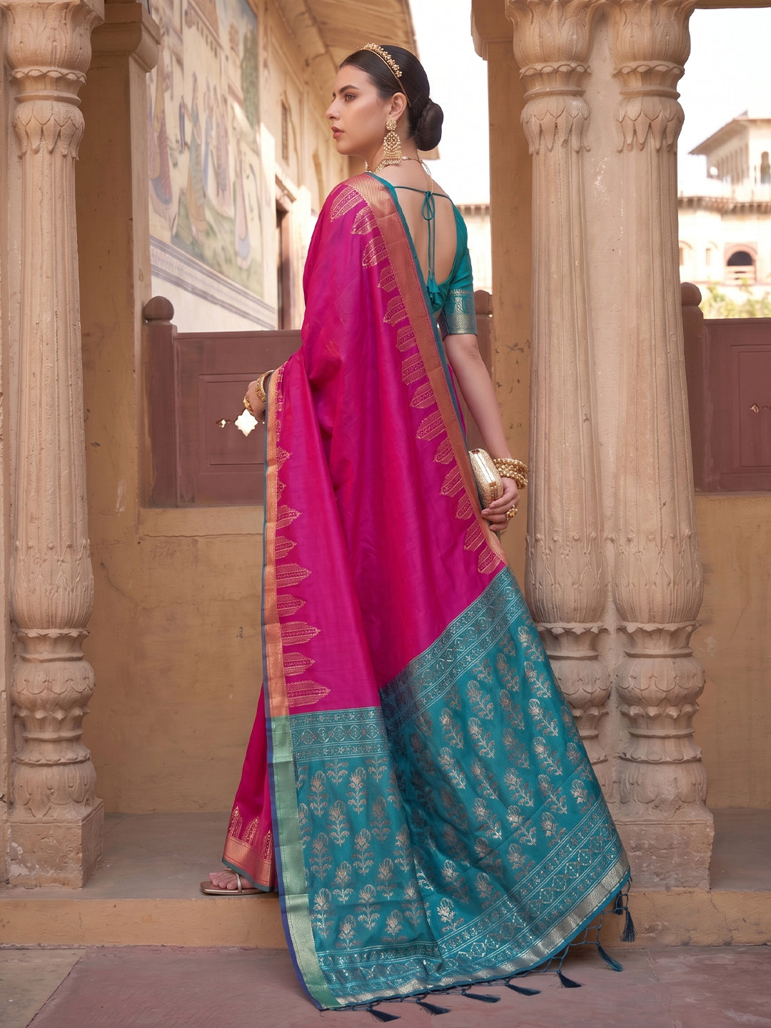 Pink & Teal Soft Silk Ikat Saree | EZB SI04 SUDOL1001