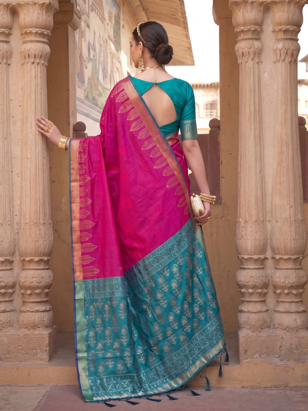 Pink & Teal Soft Silk Ikat Saree | EZB SI04 SUDOL1001