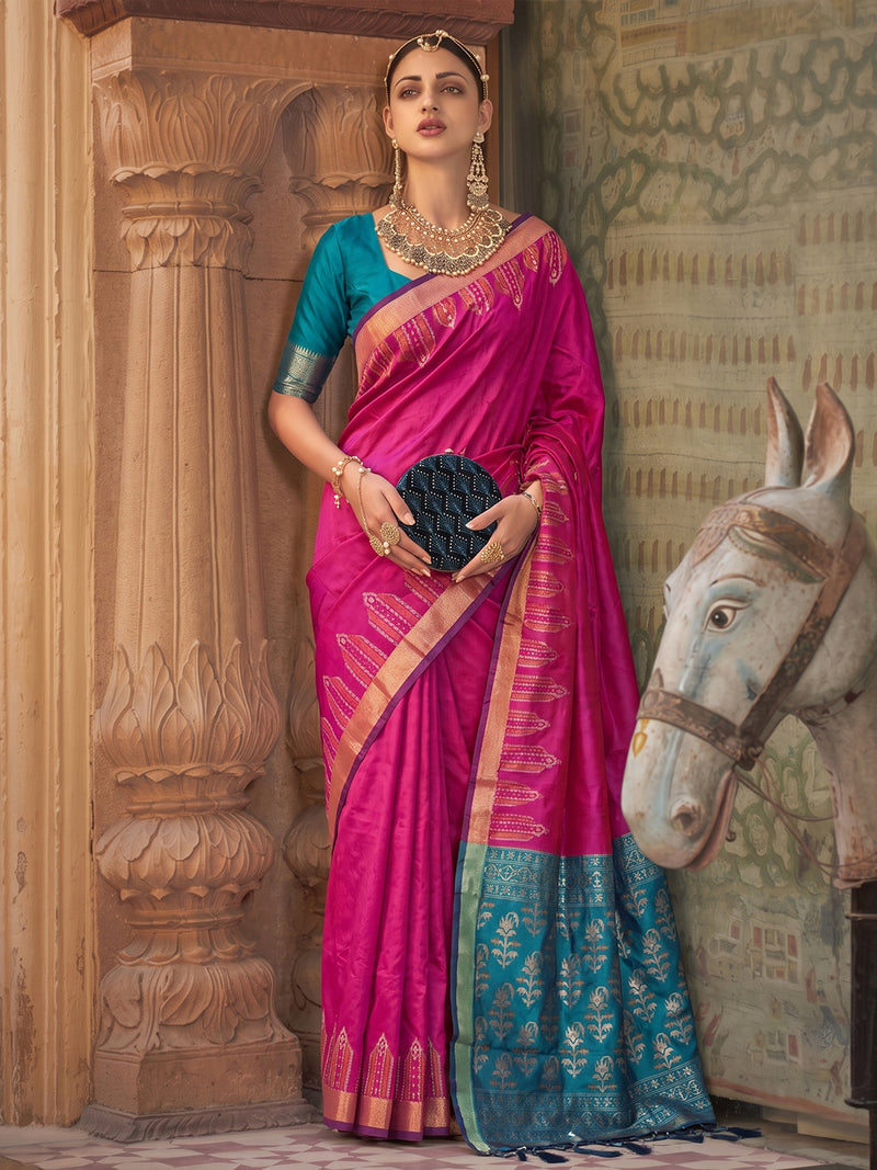 Pink & Teal Soft Silk Ikat Saree | EZB SI04 SUDOL1001