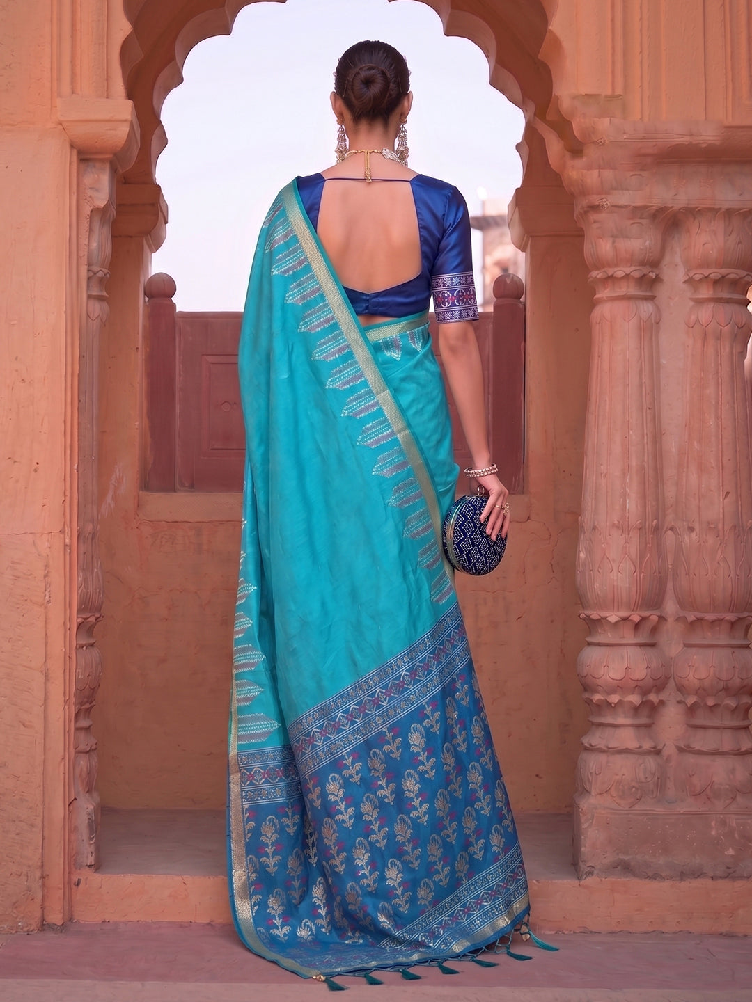 Sky blue & Navy Soft Silk Ikat Saree | EZB SI04 SUDOL1004