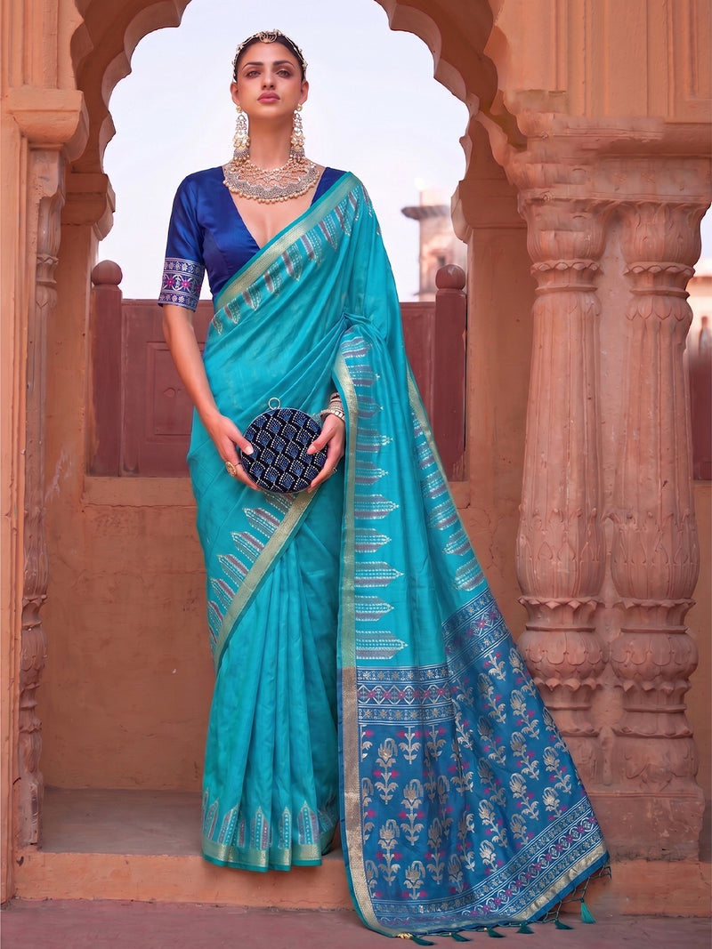 Sky blue & Navy Soft Silk Ikat Saree | EZB SI04 SUDOL1004