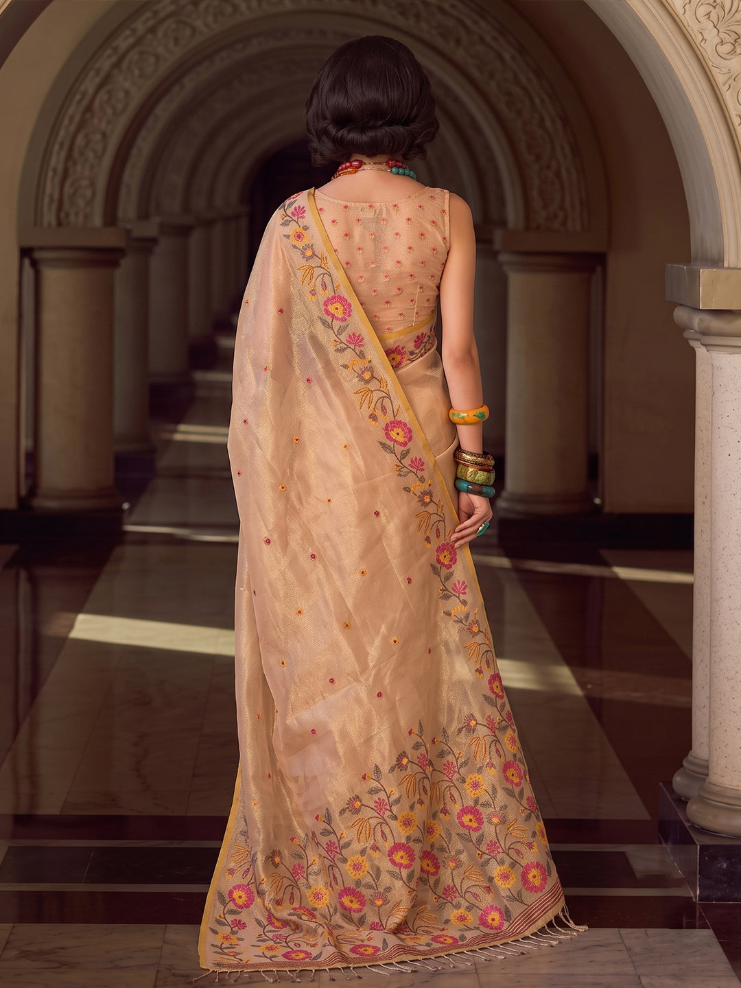 Beige Tissue Silk Embroidery Saree | EZB SI04 SUFAN1001