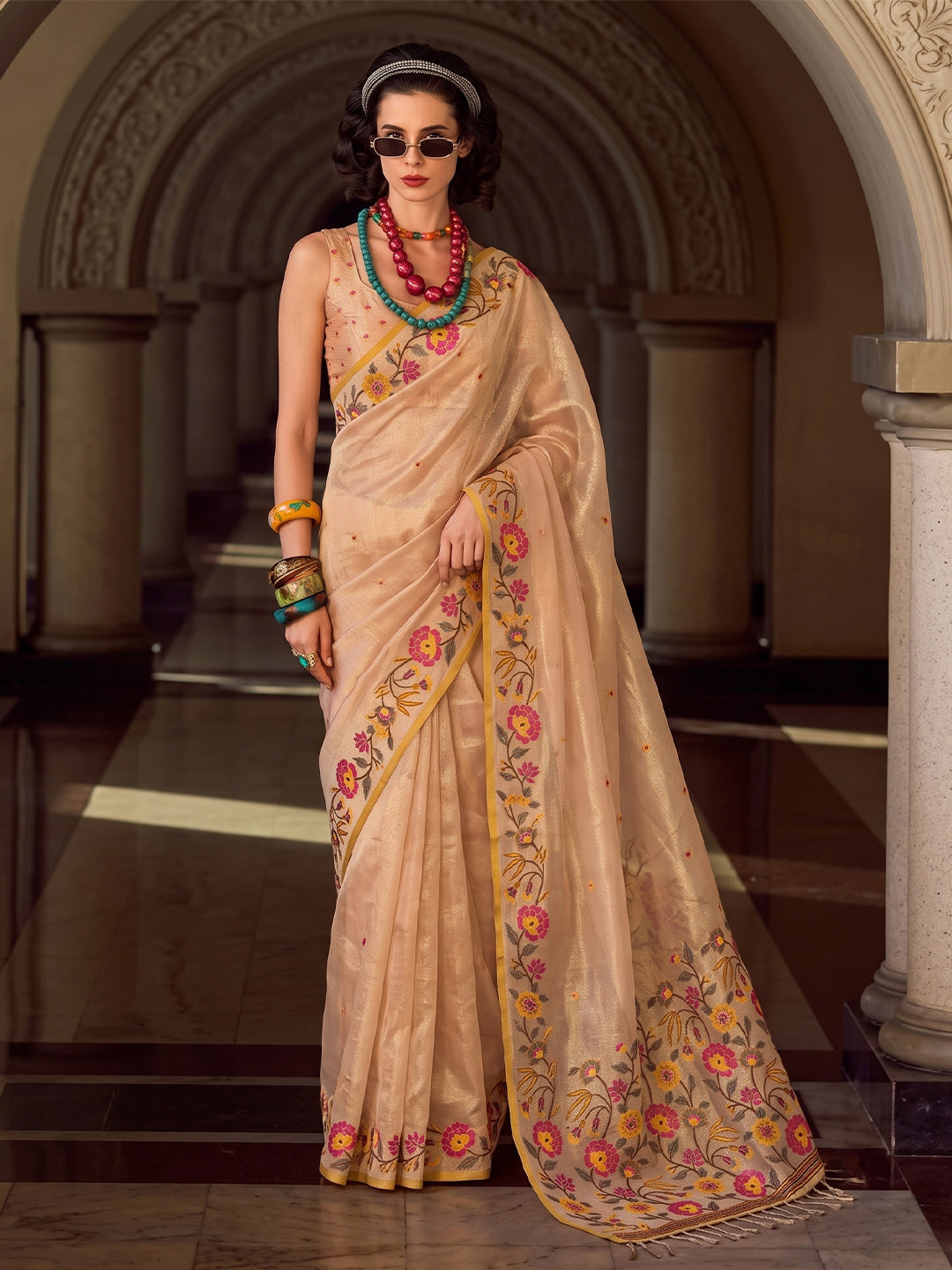 Beige Tissue Silk Embroidery Saree | EZB SI04 SUFAN1001