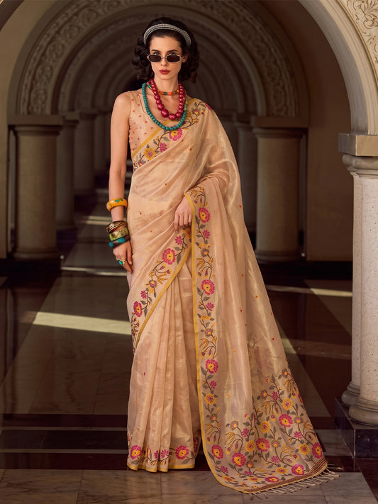 Beige Tissue Silk Embroidery Saree | EZB SI04 SUFAN1001
