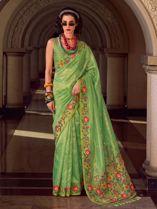 Light Green Tissue Silk Embroidery Saree | EZB SI04 SUFAN1002