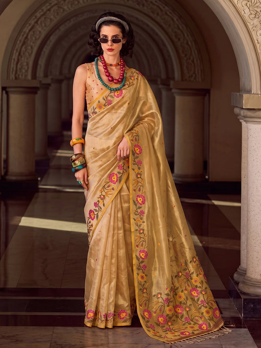 Golden Tissue Silk Embroidery Saree | EZB SI04 SUFAN1003