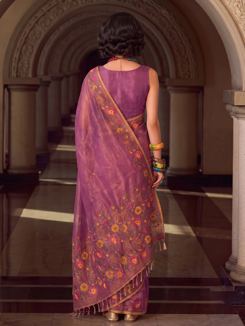 Pink Tissue Silk Embroidery Saree | EZB SI04 SUFAN1004
