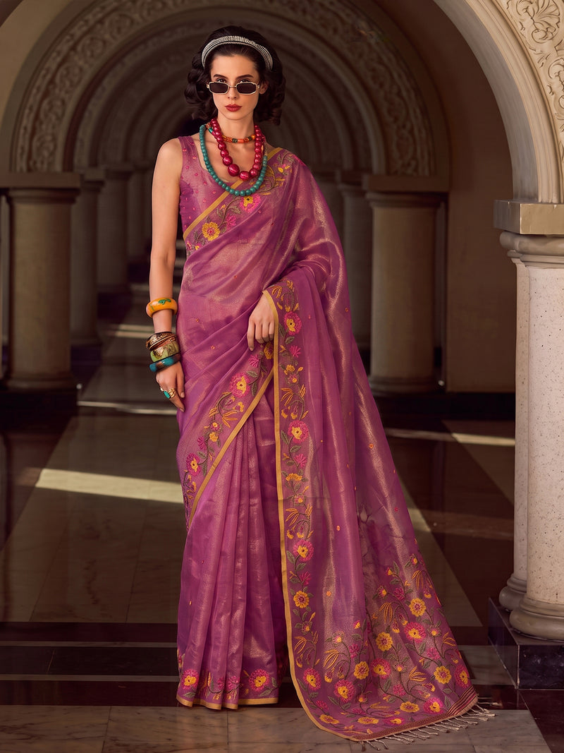 Pink Tissue Silk Embroidery Saree | EZB SI04 SUFAN1004