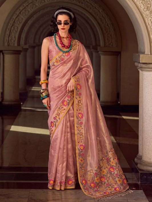 Light Pink Tissue Silk Embroidery Saree | EZB SI04 SUFAN1005