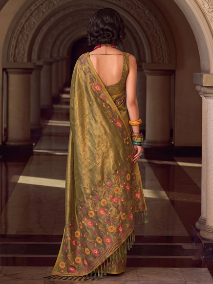 Olive Tissue Silk Embroidery Saree | EZB SI04 SUFAN1006
