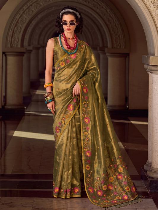 Olive Tissue Silk Embroidery Saree | EZB SI04 SUFAN1006