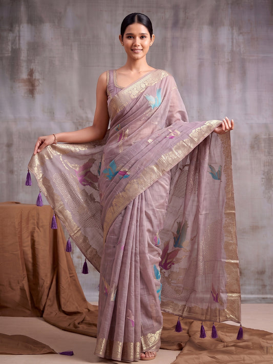 Purple Linen Cotton Banarasi Saree | EZB SI04 SUFLE1001