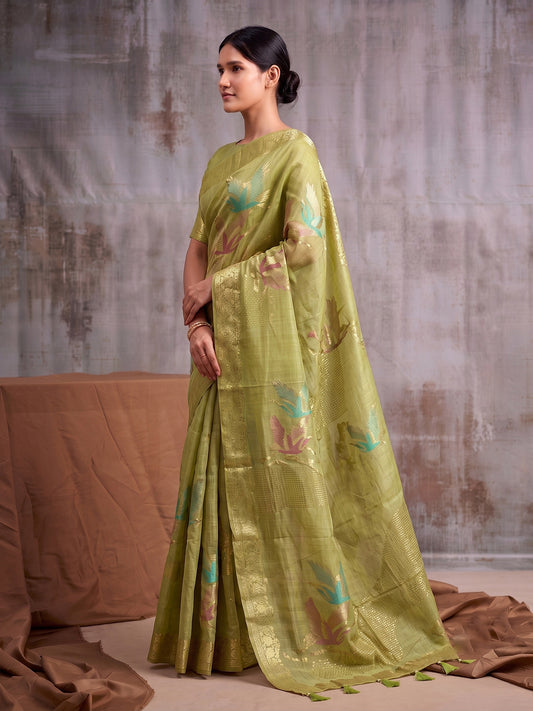 Light Green Linen Cotton Banarasi Saree | EZB SI04 SUFLE1002
