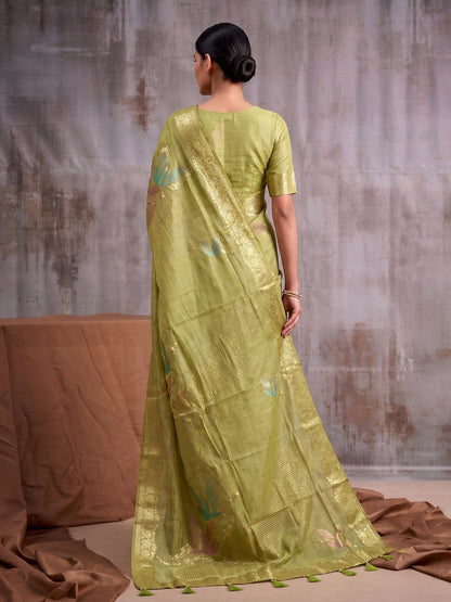 Light Green Linen Cotton Banarasi Saree | EZB SI04 SUFLE1002