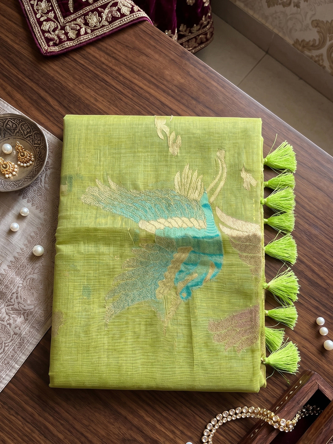 Light Green Linen Cotton Banarasi Saree | EZB SI04 SUFLE1002