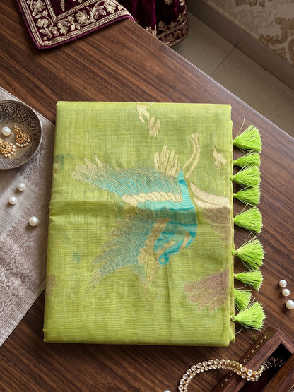 Light Green Linen Cotton Banarasi Saree | EZB SI04 SUFLE1002