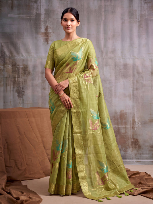 Light Green Linen Cotton Banarasi Saree | EZB SI04 SUFLE1002